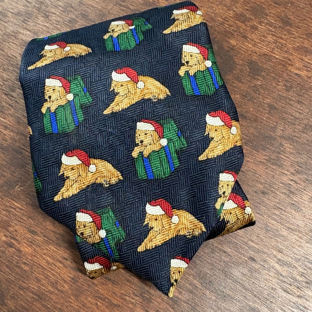 FN Mens Golden Retriever Christmas Dog Silk Tie Size OS Holiday Festive Navy
